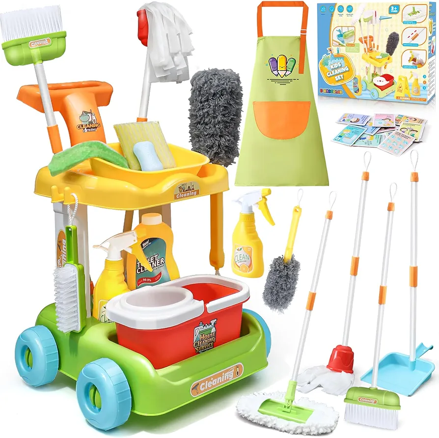 16 Pcs Kids Cleaning Toy Set for Toddlers, Kids Cleaning Car Set with Cleaning Cart, Apron, Mop Broom and Dustpan Set, Preshool Pretend Play gifts for Toddlers Boys Girls 3 4 5 6 7 year old