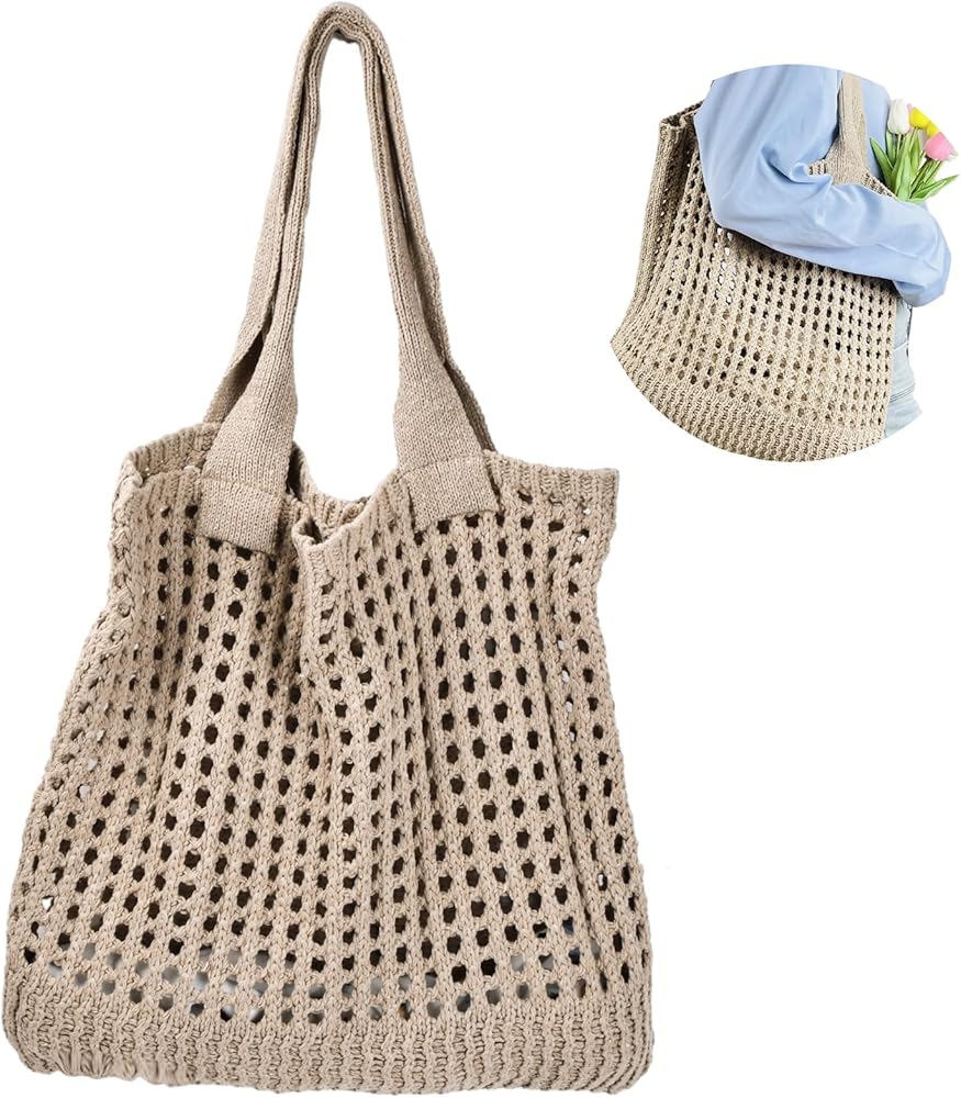 Crochet Beach Bags, Woven Travel Tote for Women, Hollow Knitting Handbag, Aesthetic Mesh Shoulder Bag, Summer Cotton Threads Weave Bag for Outdoor Holiday Picnic Party Daily Use