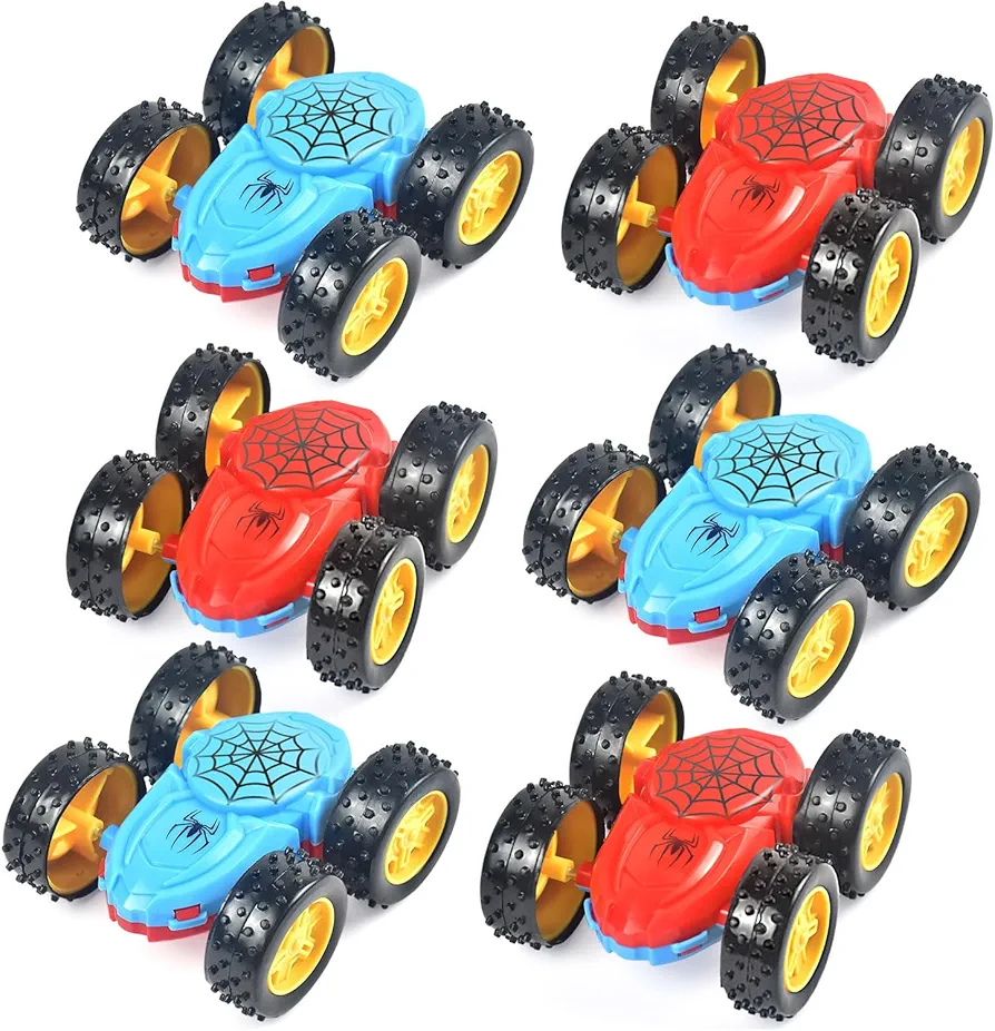 6Packs Spider Double Sided Stunt Cars Toys Friction Powered Truck Toy for Kids Boys Girls Gifts 3+ Years Old