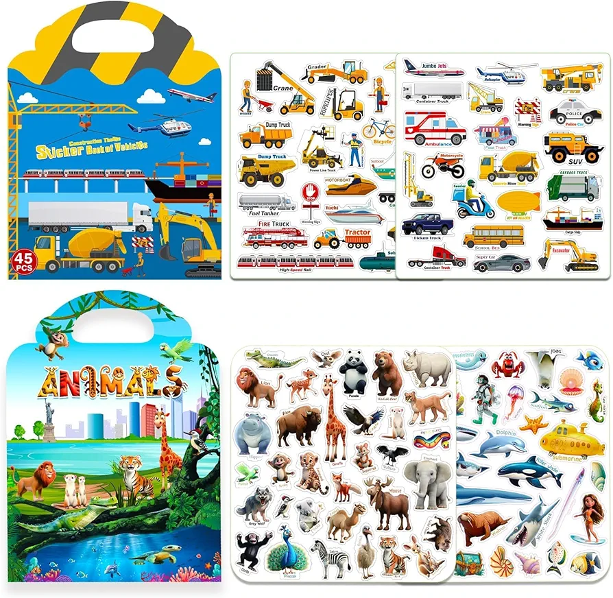 2pack Reusable Sticker Books for Kids 2-4,Vehicle Cars & Animals 3D Jelly Stickers Activity Busy Book for Toddlers Boys Girls Road Trip Airplane Train Car Travel Essentials Toy - 112pcs Stickers