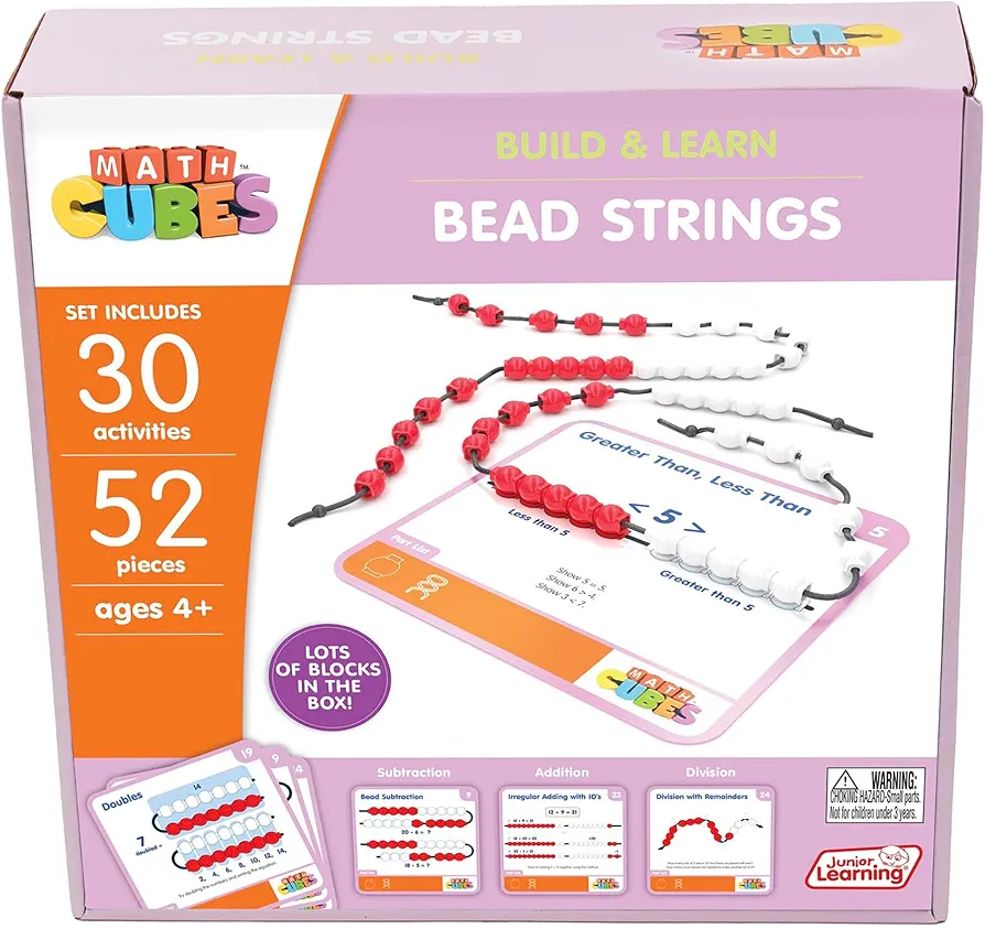 Junior Learning: Mathcubes - Bead Strings - 30 Activity Set, Build & Learn, Beads & Boards Hands On Math, Developmental & Education Set, Kids Ages 4+