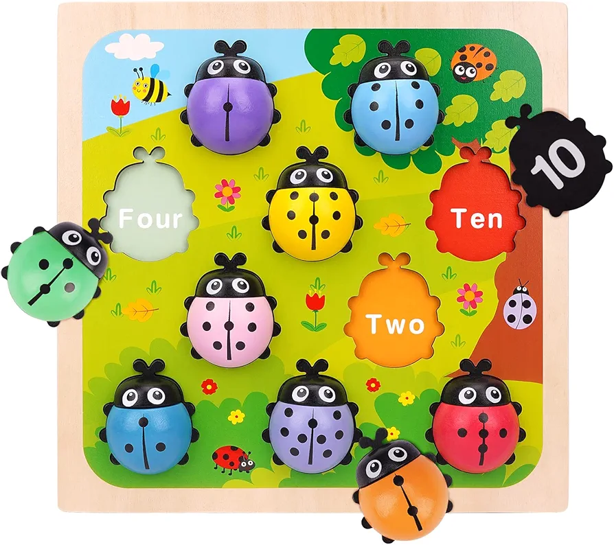 Wooden Counting Ladybugs Montessori Counting Toys for Toddlers Learning Education Toy Ladybugs Puzzle Numbers Matching Preschool Math Board Games Develop Fine Motor Skills for 3 4 5 Year Old Kids