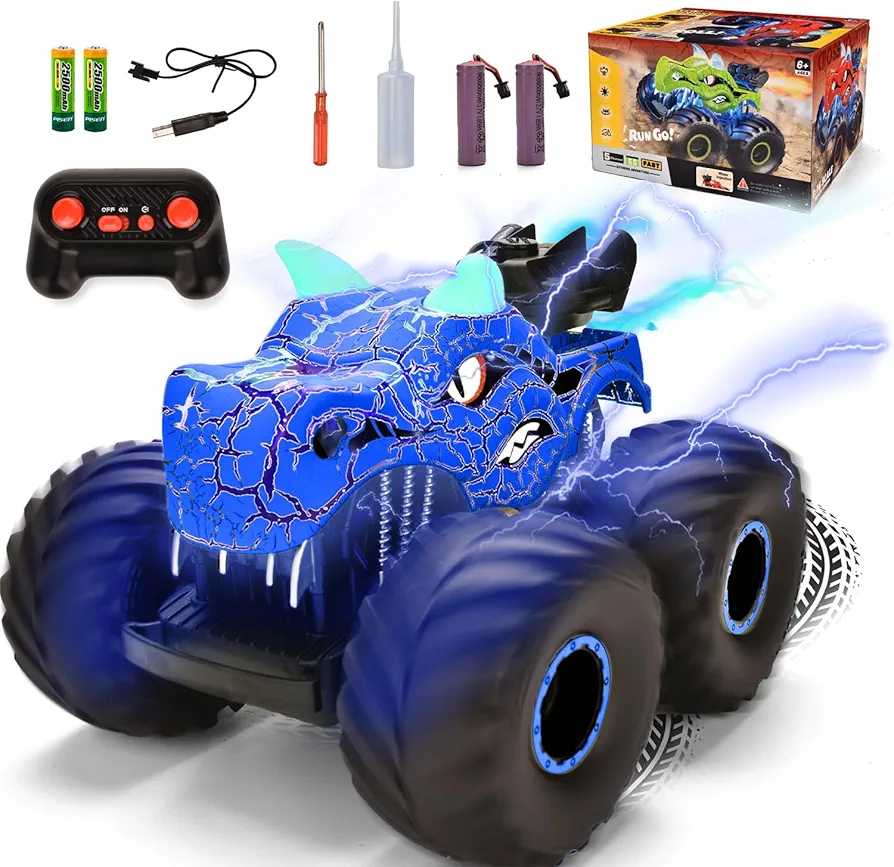 Remote Control Dinosaur Car Toys for Kid Boys, 2.4GHz RC Monster Truck Toys with Spray, Light, Sound, Indoor Outdoor All Terrain Rechargeable Electric RC Car Toy, Gifts for Kids (Blue)