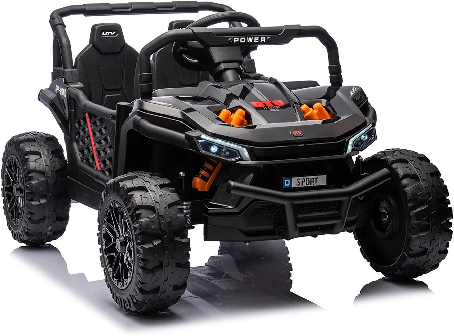 24V Kids Ride on UTV, 4 Wheels Suspension Electric Car W/Remote Control, Slow Start, Electric Toy Gifts for Kids, Multimedia Player, LED Lights, Bluetooth, Music, Safety Belt, Rear Cargo Box, Black