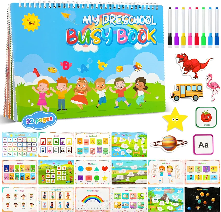 Preschool Learning Activities, Montessori 32 Thems Busy Book for Toddlers Ages 2-6, Education Toys for Kids, Alphabet Learning Tracing Coloring WorkBook, Children's Day Gift, Birthdays Gifts for Kids