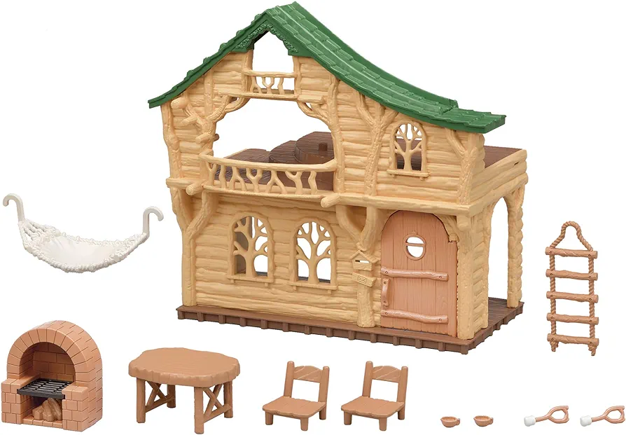 Calico Critters Lakeside Lodge Gift Set, Collectible Dollhouse with Figures, Furniture and Accessories, Pink Medium