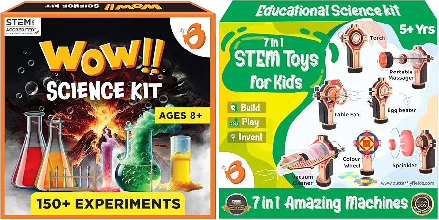 ButterflyEdufields 150+ Experiments Wow Science Kit for Boys and Girls Ages 4 6 8 10 & 7in1 Electric Motor Robotic Science Kits for Kids Ages 8 910+