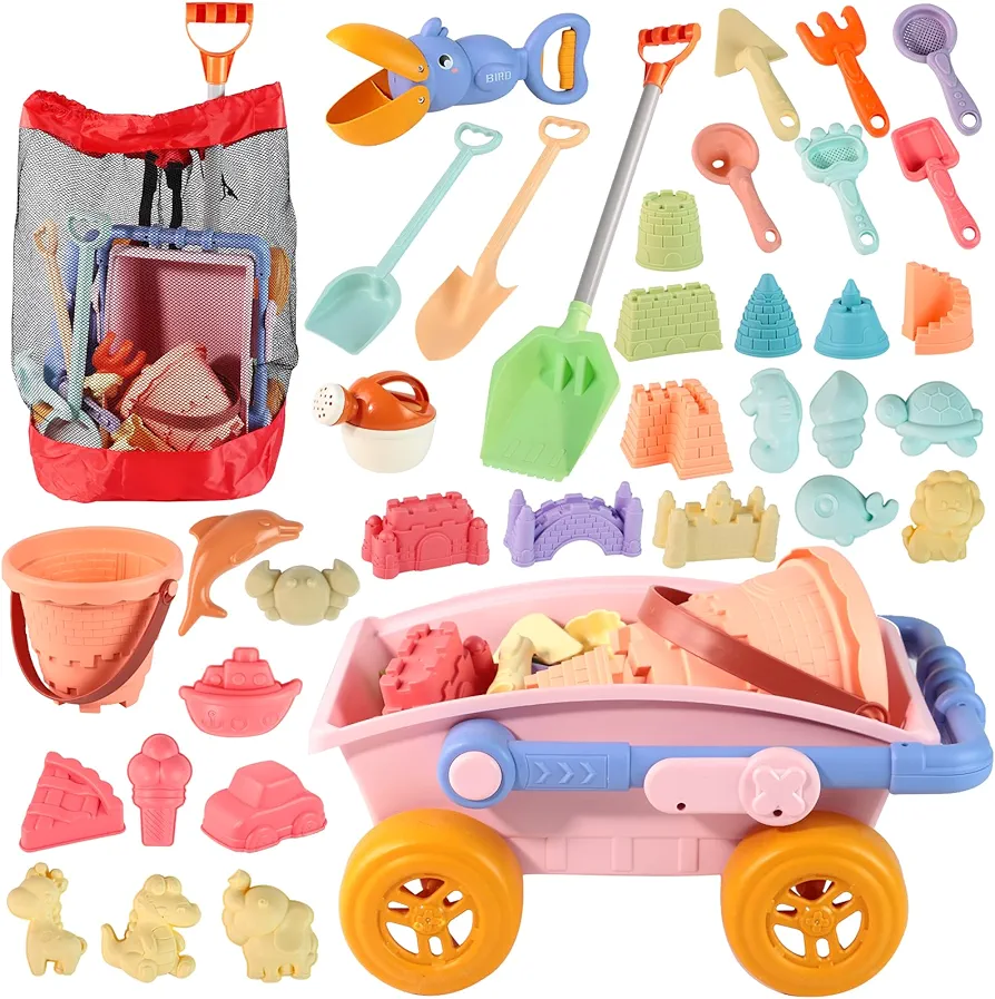 37pcs Beach Toys and Sand Toys for Toddlers, Sandbox Toys with Mesh Bag, Sand Castle Molds with Sand Bucket Shovels Beach Toy Set, Travel Sand Toys for Kids Baby Boys Girls Age 3-10