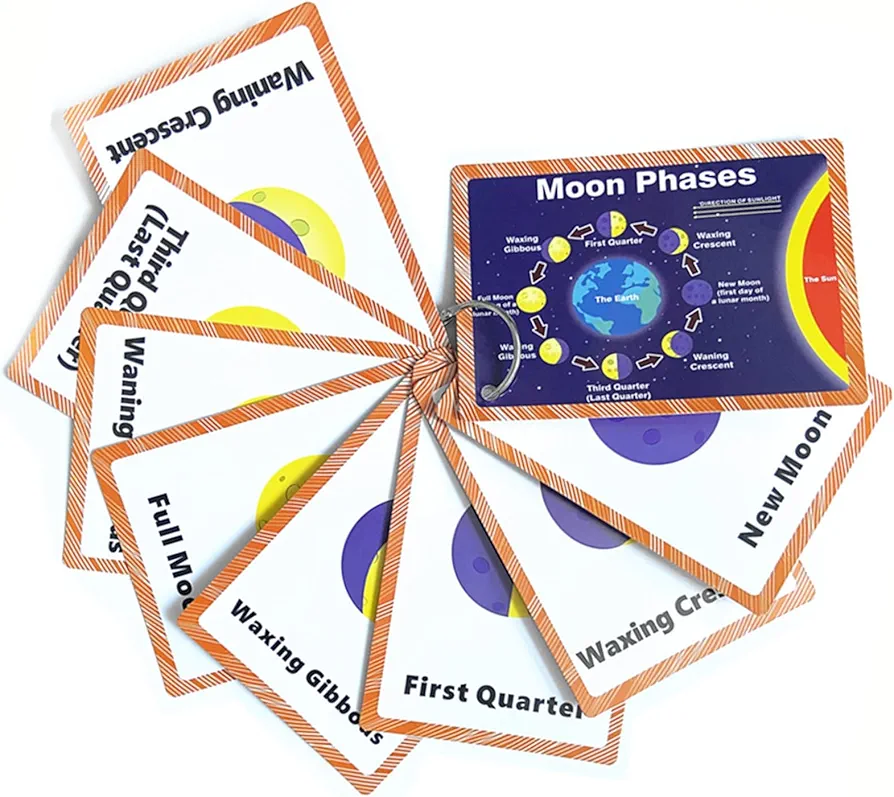 Set of Moon Phase Flash Cards for Toddlers(9 Count) | Kids Learning Flashcard & Montessori Pocket Cards | Perfect for Pre-K Decor Background Wall Stickers, Teacher/Autism Therapists Tools