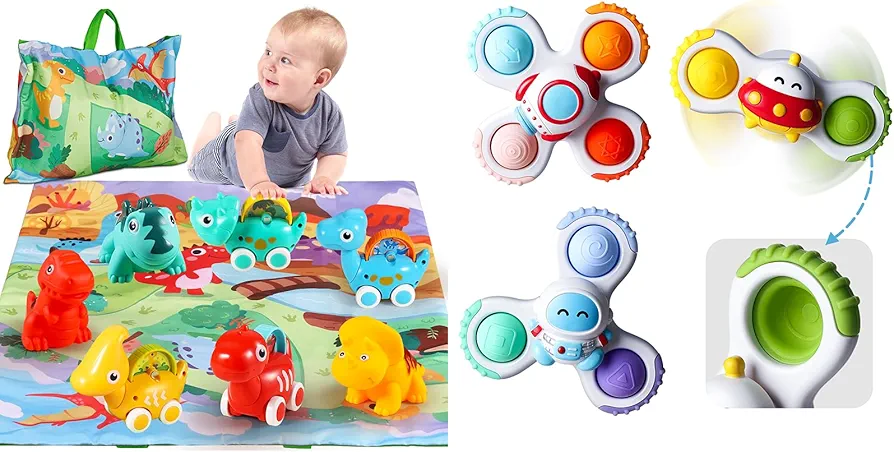 ALASOU 7 PCS Dinosaur Car Toys with Playmat and 3 PCS Suction Cup Spinner Toys for Infant and Toddlers