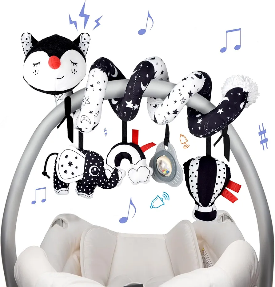 XIXILAND Musical Car Seat Toys Black and White Baby Toys, Infant Toys 0-6 Months Stroller Toys Newborn Toys, High Contrast Baby Toys for Newborn, for 0 3 6 9 12 Months Girls Boys Babies