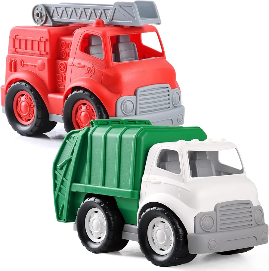 PLAY Eco-Friendly Garbage Truck & Fire Trucks, [USDA Certified] No BPA/Phthalate/PVC, Recycled Bioplastic Ladder Fire Engine Toy Gift for Boy Girl, Car Toys Vehicle