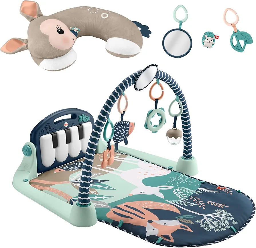 Fisher-Price Tummy Time Fawn Wedge + Baby Gym Newborn Playmat with Kick & Play Piano Musical Toy and Tummy-Time Toys, Navy Fawn [Amazon Exclusive]