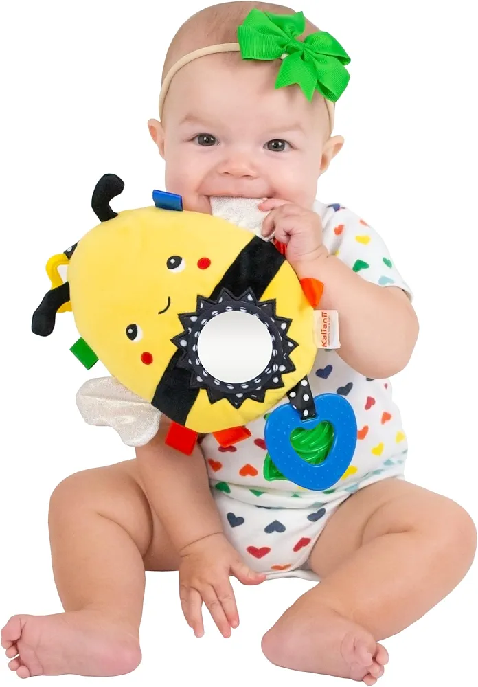 Squish 'N Play Bee Activity Toy- Multi-Sensory Learning Baby Toy - Stroller Toy, Car Seat Toy, Tummy Time Toy, Teether Toy, Baby Gift- with Mirror, Rattle & Taggies