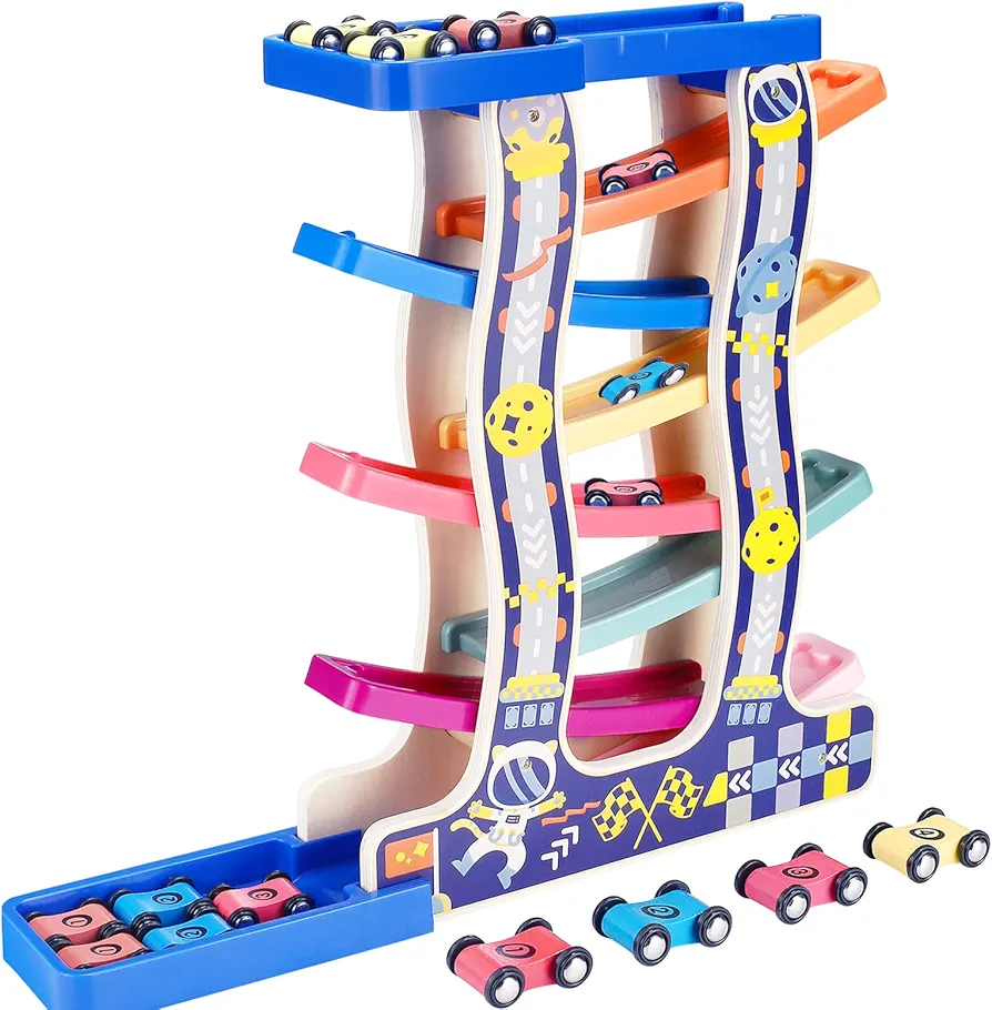 Race Track for Toddlers 1-3, Montessori Wooden Toddlers Ramp Slide Developmental Toy Set with 8 Mini Cars and 7 Rainbow Track, Great for Baby Over 1 Year Old Boys Girls Child Birthday Gifts.