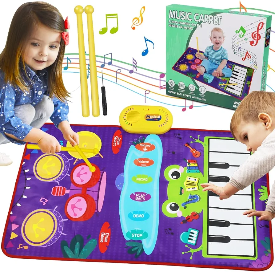 Baby Musical Mat 2-in-1 Toddler Piano Drum Mat for 1 Year Old Boys Girls Gift Piano Keyboard and Drum Mat Early Education Music Baby Sensory Learning Toys for 1 2 3 Year Old Kids Birthday Present