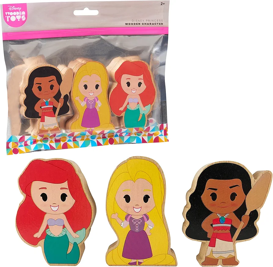 Just Play Disney Wooden Toys 3-Piece Figure Set with Rapunzel, Ariel, and Moana, Officially Licensed Kids Toys for Ages 2 Up