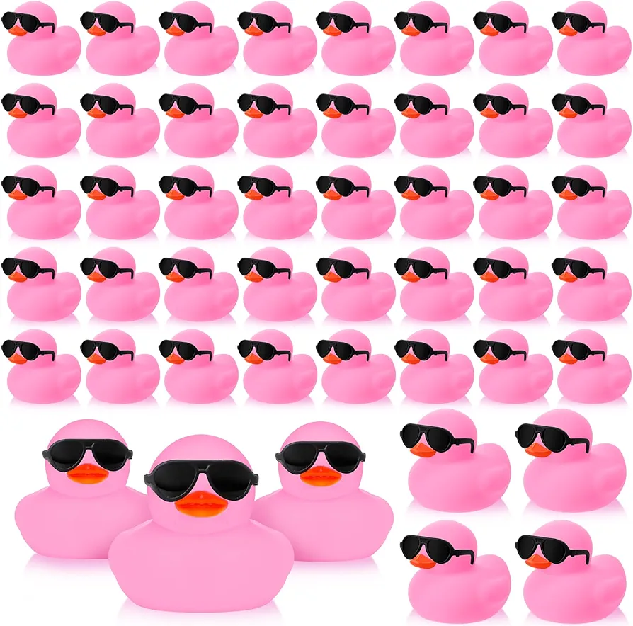 Sosation 48 Pack Mini Rubber Ducks with Sunglasses Sets Duck Bath Toys Squeaky Rubber Ducks Float Bathtub Duckies for Little One Birthday Party Favors Class Carnival Prizes Car Decor(Pink)