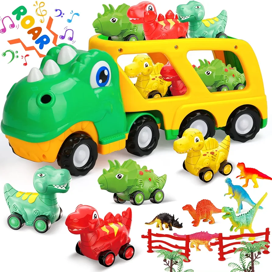 TOY Life Toddler Car Toy for 1+ Year Old, Dinosaur Transport Carrier Truck with 4 Pull Back Dinosaur Cars Dino Figures, Dinosaur Toys for Kids 1 2 3 4 5+, Christmas Birthday Gift for 18M+ Boys Girls