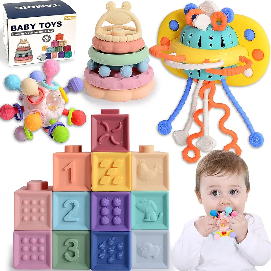 Baby Montessori Toys, Baby Learning Toys, Soft Stacking Building Blocks | Teething Rattle Ball Toys | Pull String Toy, Baby Sensory Toys 0-3 3-6 6-12 12-18 Months, Infant Learning Toys