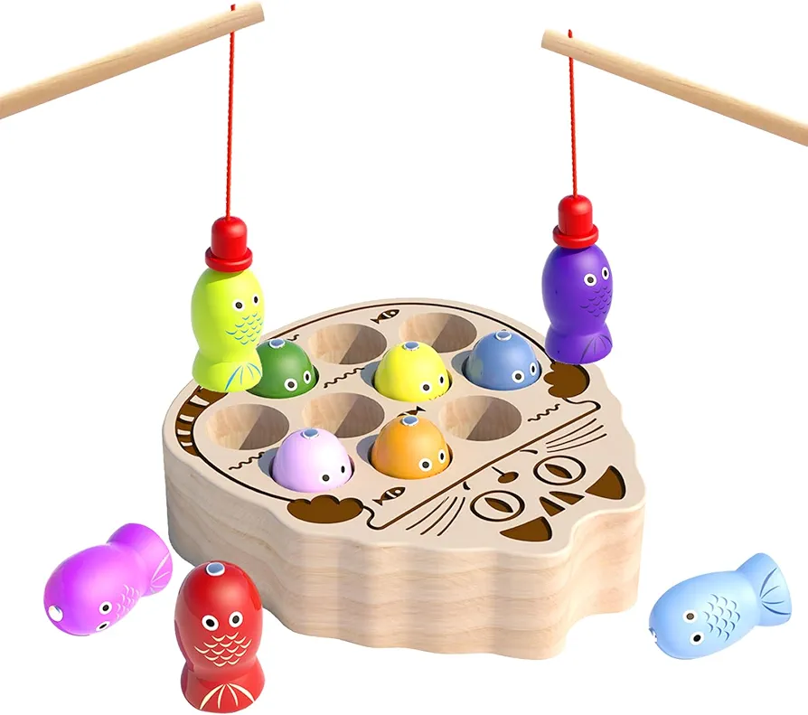 edutree Wooden Magnetic Fishing game for Toddlers 1-3, Montessori Sensory Busy Board Fine Motor Skills Toys for 1 2 3 Years Old Boys Girls