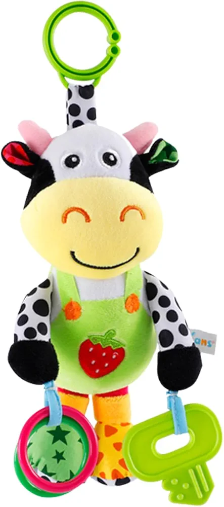 Interactive 3D Teethers Musical Baby Toy-Plush Stroller Hanging Doll for Infant Babies Stuffed Animal Activity Soft Toys with Multi-Sensory Crinkle, Rattle & Textures for Tummy Time 0-3 Years Cow