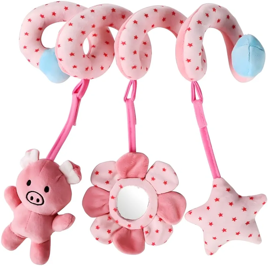 Baby Car Seat Toys, Infant Activity Spiral Plush Toys Hanging Stroller Toys for Baby Girl and Boy with Musical Sheep Rattles with Distorting Mirror (Pink Pig)