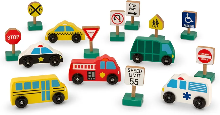 Melissa & Doug Wooden Vehicles and Traffic Signs With 6 Cars and 9 Signs