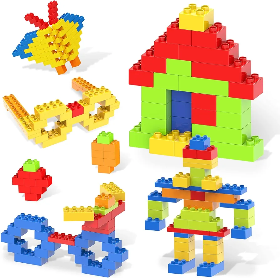 PicassoTiles 150 Piece Large Construction Brick Building Blocks STEM Bricks Toy Set Creative Learning Early Education Playset 5 Colors 4 Unique Shapes Mix & Match Toys for Kids Boys Girls Child Age 3+