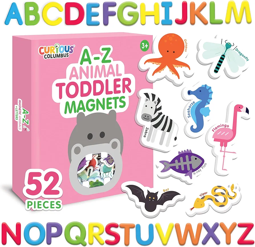 Curious Columbus Animal Magnets - 52 Toddler Magnets For Refrigerator - Fridge Magnets For Toddlers Play with Magnetic Letters - ABC Kid Magnet for Alphabet Learning - Kids Foam Animals A-Z Activities