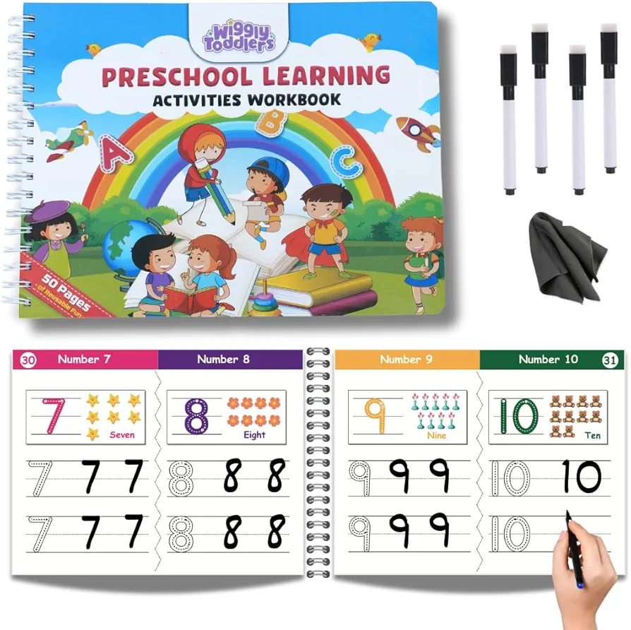 Kindergarten Learning Activities, Learn to Write for Kids Age 3 4 5 Years Old, 50-Page Dry Erase Writing Practice for Kids, Pre-K Number Alphabet Tracing Book, Educational Learning Toy 3 4 5 Year Old