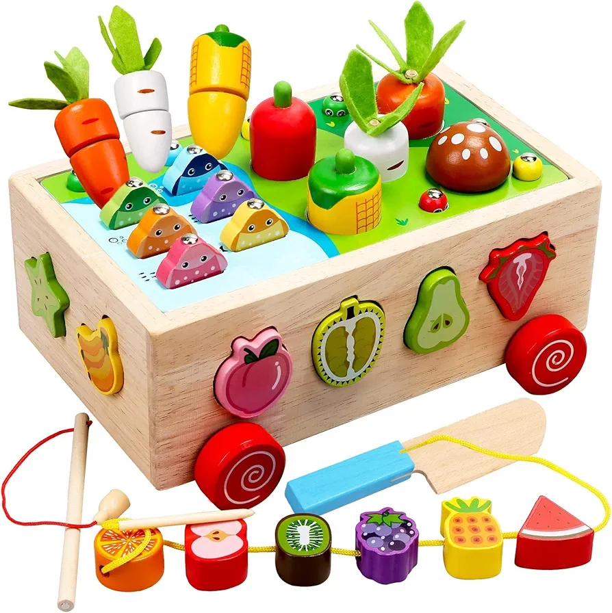 Toddler Educational Toys | Montessori Multifunctional Toys for 2 3 4 Year Old Girls Boys, Wooden Shape Sorting Counting Puzzle Carrots Harvest Game, Preschool Learning Toys for Kids…