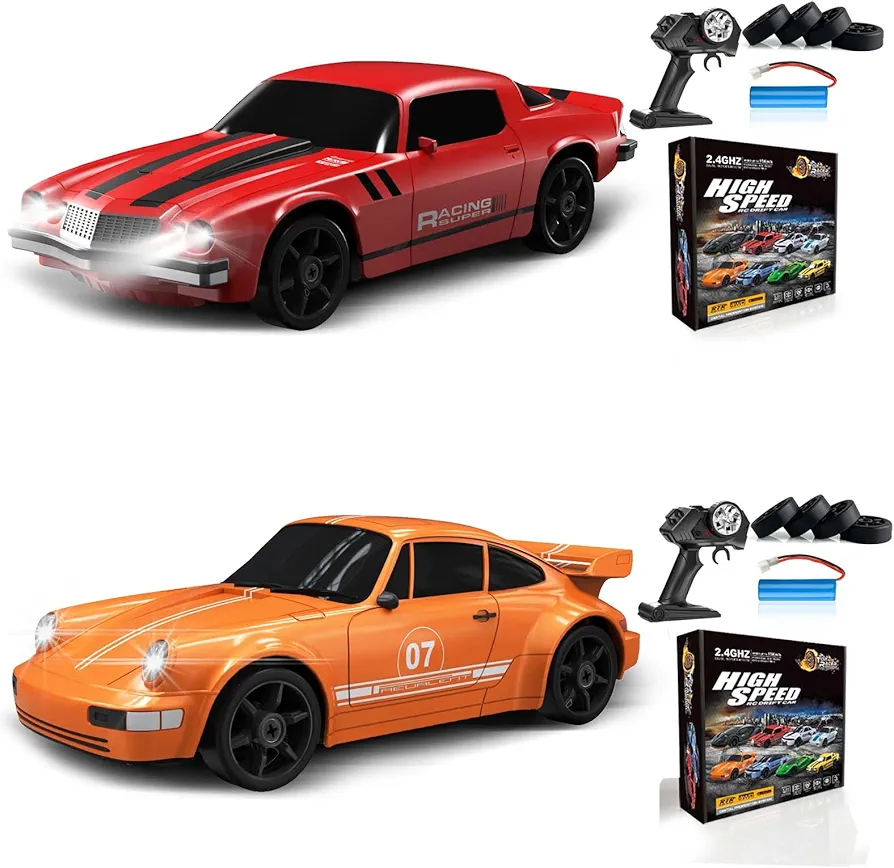 2PCS RC Drift Car 1:24 Remote Control Car 4WD 15KM/H High Speed Racing Sport Car with LED Lights RC Cars Toy Cars for Kids Boys Girls Adults Gifts Birthday Christmas Rechargeable Batteries