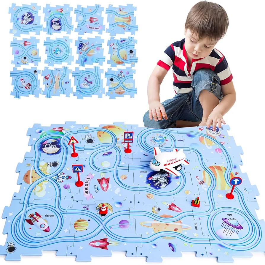 AMOR PRESENT 25PCS Puzzle Track Car Play Set, Plastic Puzzles for Kids with Vehicles Montessori Toys Railcar Puzzle for Toddlers Kids Boys Girls Party Favors