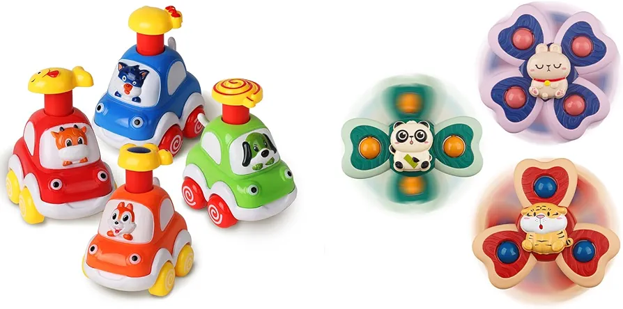 ALASOU 4 PCS Animal Car Toys and 3 PCS Suction Cup Spinner Toys for Infant and Toddlers