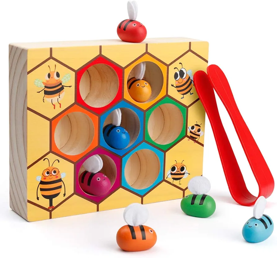 Coogam Toddler Fine Motor Skill Toy, Clamp Bee to Hive Matching Game, Montessori Wooden Color Sorting Puzzle, Early Learning Preschool Educational Gift Toy for 3 4 5 Years Old Kids