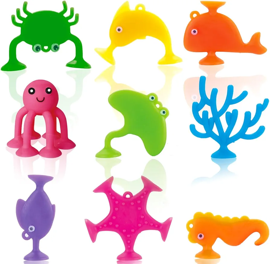 Suction Bath Toys for Kids, 9 PCS Silicone Ocean Animal Suction Cup Toys, Mold Free No Hole Bathtub Toy, Sensory Window Building Toy Gifts for Toddler Children kids Over 1 Years