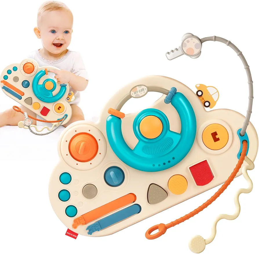 Busy Board, Montessori Toys Sensory Toys for Girls Kids and Boy 18 Month+, Steering Wheel Toy Driving Toy Pull String Toy Gifts for Kids, Educational Travel Toddler Toys for 2 3 4 5+ Years Old