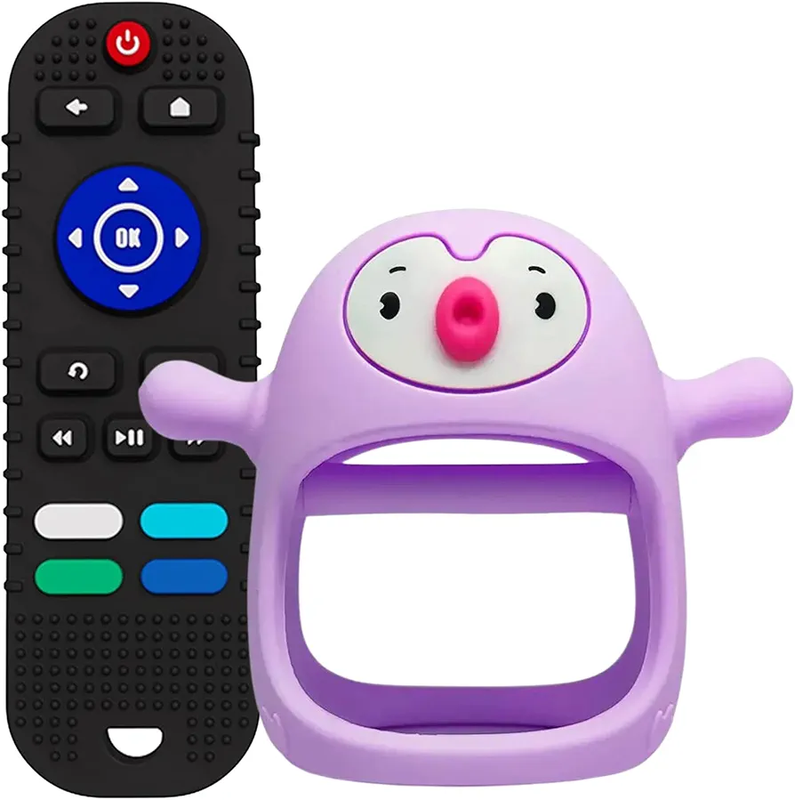 Combo Teething Toys Baby Toys 3 Months and up Silicone Teether in 2 Styles Perfect Toddler Toys and Gift Set Baby Girl Gifts Baby Boy Gifts Tv Remote Teether and Penguin Teether (Purple)