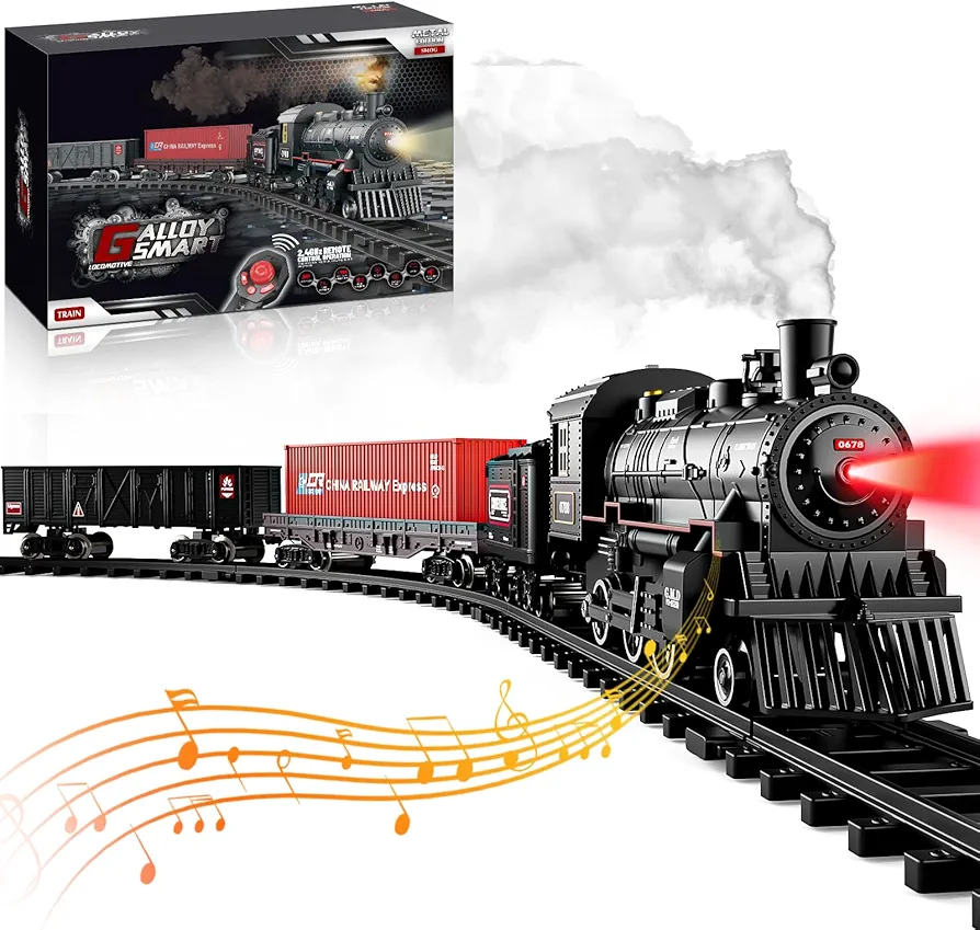 Train Set for boy, Remote Control Metal Alloy Model Train toy with Steam & Sound & Light,Electric Christmas Train Set for Around the Tree with 2 Cars & Tracks,Gifts for 4 5 6 7 8+ Year Old Kids