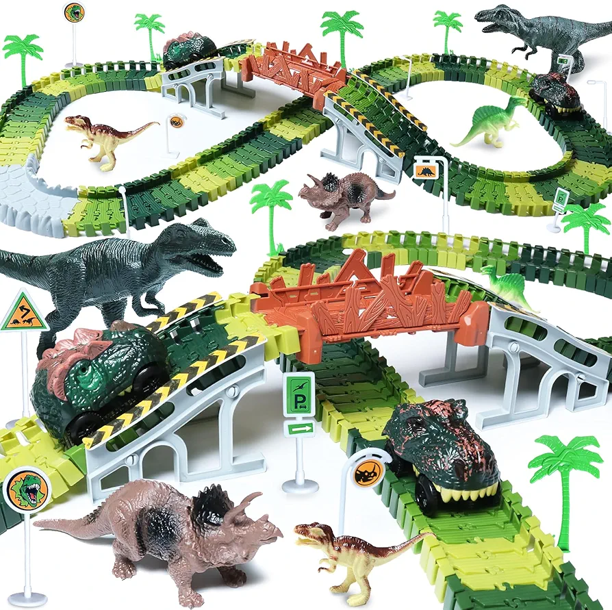 Dinosaur Toys-Create A Dinosaur World Road Race-Flexible Track Playset,4 Dinosaurs and 2 Dinosaur Race Car Toys for 3 4 5 6 Year & Up Old boy Girls Best Gift