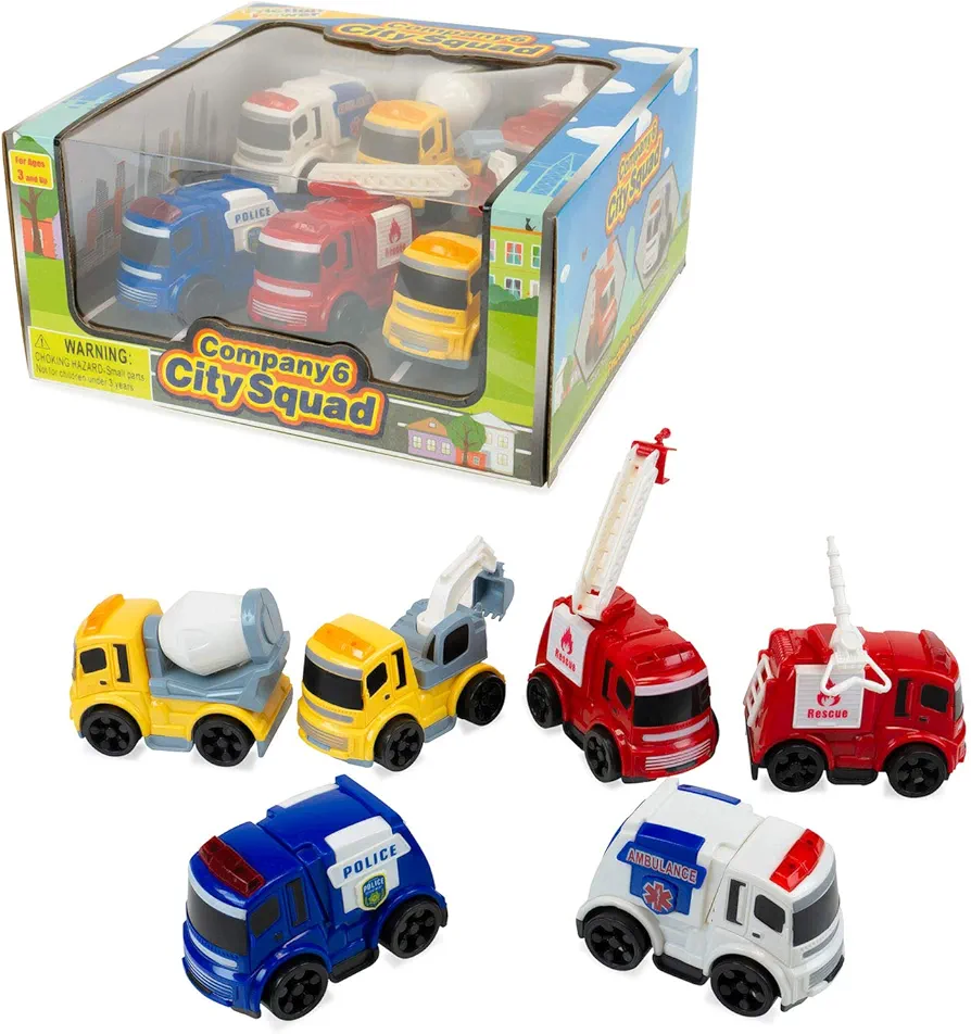 6 PCS Friction Power City Builder Construction Cars for Kids Boys Girls with Police Car, Ambulance, Fire Truck, Concrete Mixer Truck, Crane, Excavator