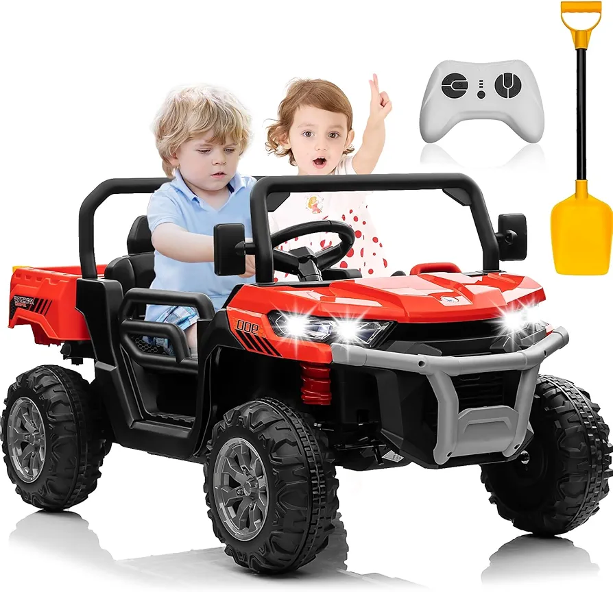 24V 2 Seater Kids UTV w/Electric Dump Bed, Ride on Dump Truck w/2.4G Remote, 2x200W Powerful Motors, Bluetooth Music, LED Light, Spring Suspension, Battery Powered Toy Cars for Kids Boys Girls, Red