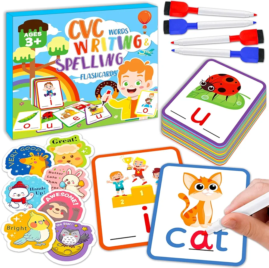 CVC Word Games Writing Spelling Flash Cards for Kindergarten, CVC Sight Word Cards Toddler Preschool Learning Activities, Montessori Educational Toys for Kid Age 3 4 5 6