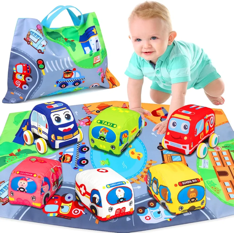 Baby Toys 6 to 12 Months - Soft Car Toys for 1 Year Old Boy Girl with Playmat Storage Bag - Infant Baby Toys 12-18 Months Toddler Toys Age 1-2 - 1st Birthday Gifts 1 2 3 Year Old Baby