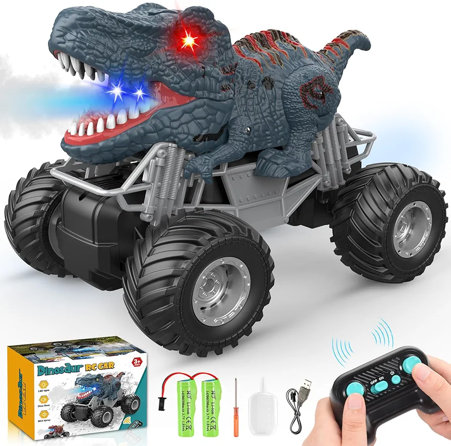 Dinosaur Remote Control Car: RC Car Toys with Light Sound & Spray, Dinosaur Toys for 3-12 Year Old Boys Girls 2.4GHz Monster Trucks Toys for Boys 3 4 5 6 7 8 9 10 11 12 Birthday Gift (Blue)