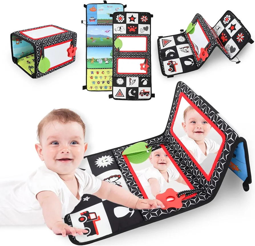 Tummy Time Mirror Toys Tummy Time Baby Mirror Toys with Cloth Books & Teethers & Double-Sided Baby Mirror for Floor, Crib, Car, Bouncer, Infant Sensory Toys for Newborn 0 3 6 Months