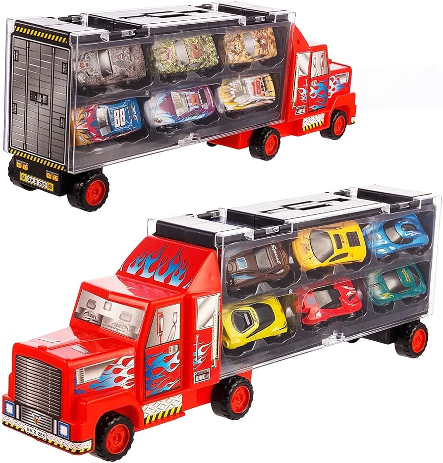 Car Toys Die Cast Carrier Truck Vehicles Toy for 3-12 Years Old Boy Girl Toy Gift(includes 6 Alloy Cars,3 Animal Cars,3 Number Cars and Traffic Accessories)(Red)