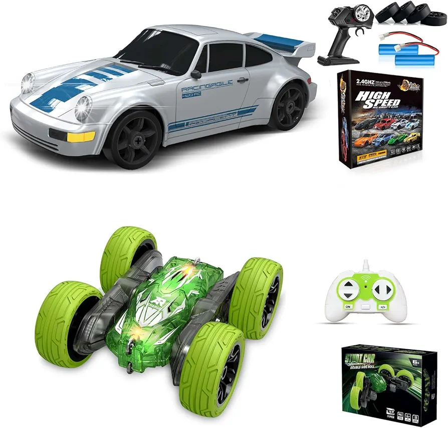 RC Drift Car 2.4GHz 1:24 4WD 15KM/H + Mini RC Stunt Cars for Kids with LED Lights Adults Boys Girls Kids Gift 2Pcs Rechargeable Batteries