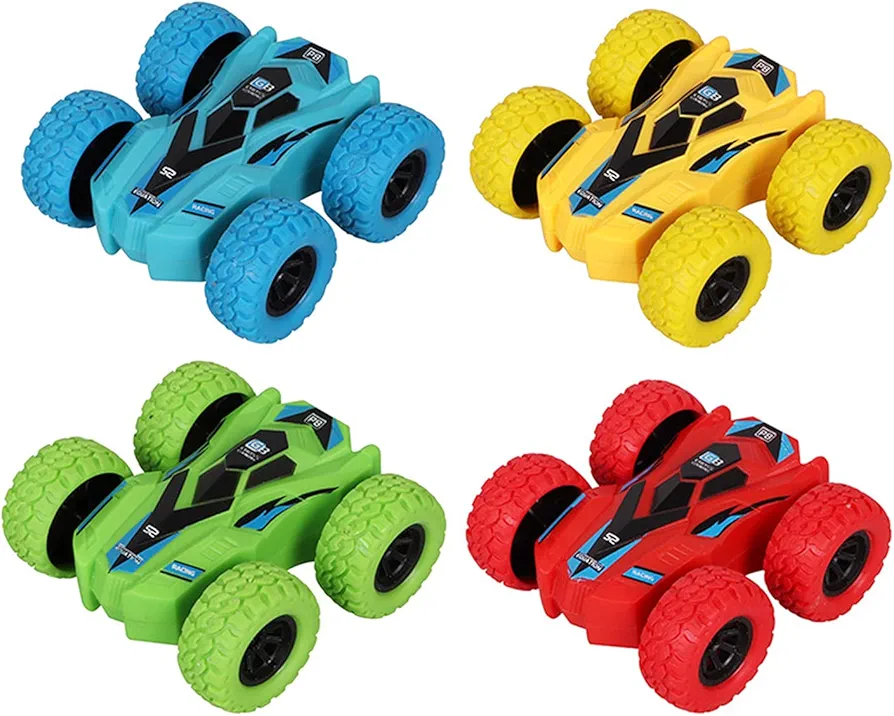 Pull Back Cars Double-Sided Friction Powered Vehicles Flips Shockproof Inertia Cars Pull Cars for Boys Girls Toddler Birthday Gift Age 3+ Years Old(4PCS)